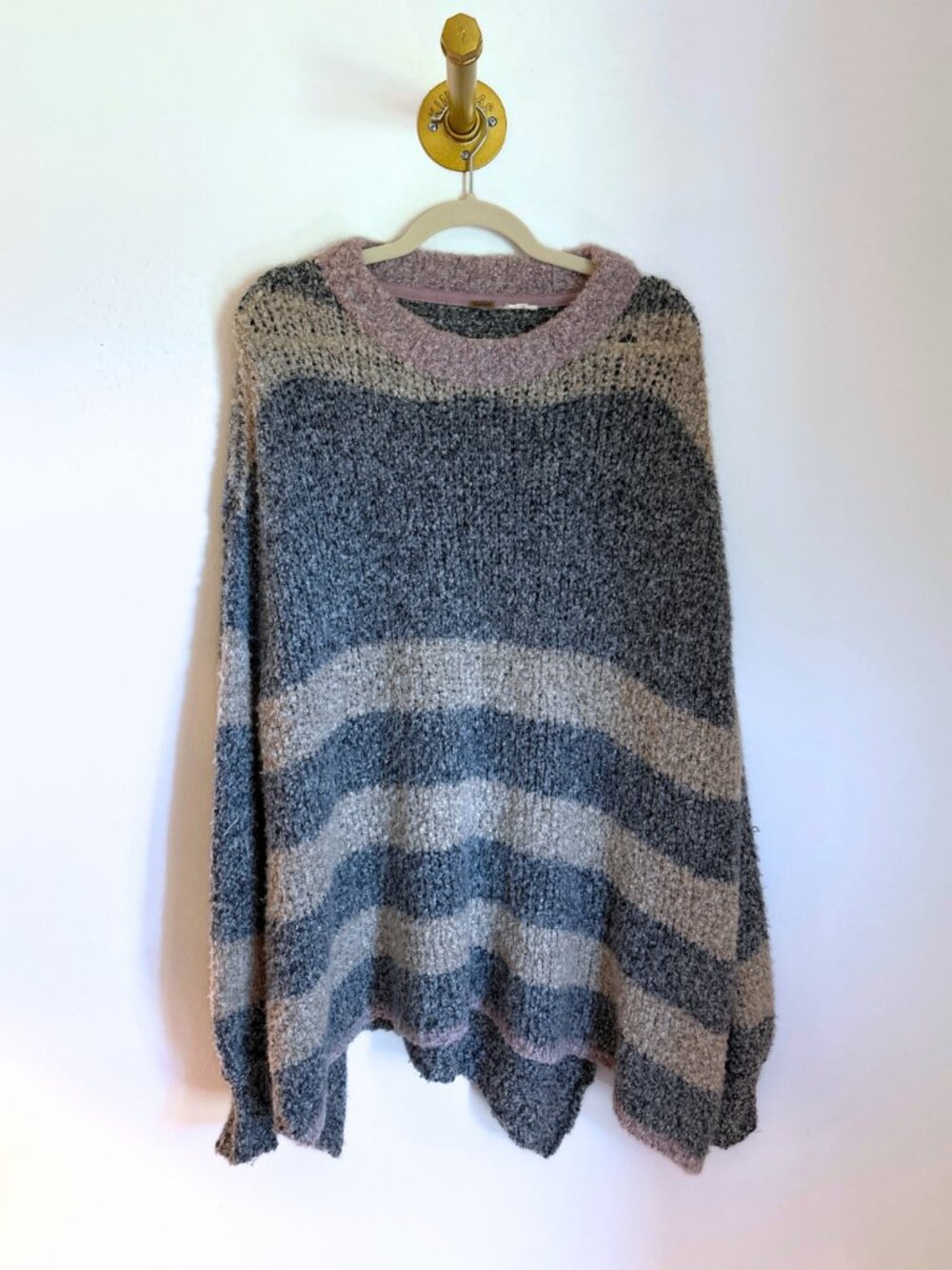 Free People Oversized Striped Sweater 🤍 | Slouchy Cozy Knit Neutral Pullover - Picture 2 of 4